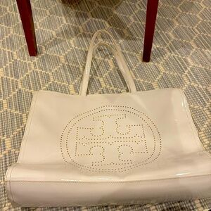 Tory Burch white patent tote bag